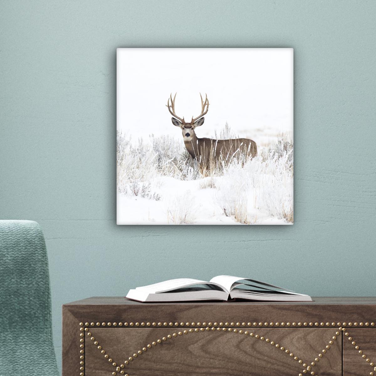 LEINWANDBILD Hirsche - Winter - Schnee - Tiere - Jahreszeiten - Weiß Deko Wohnzimmer 20x20 cm - Hellbraun, Textil (20/20cm) - MuchoWow