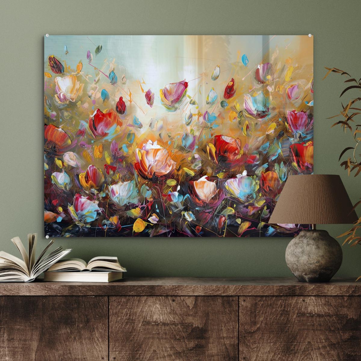 ACRYLGLASBILD Blumen - Kunst - Natur - Ölgemälde 80x60 cm - Multicolor, Glas (80/60cm) - MuchoWow