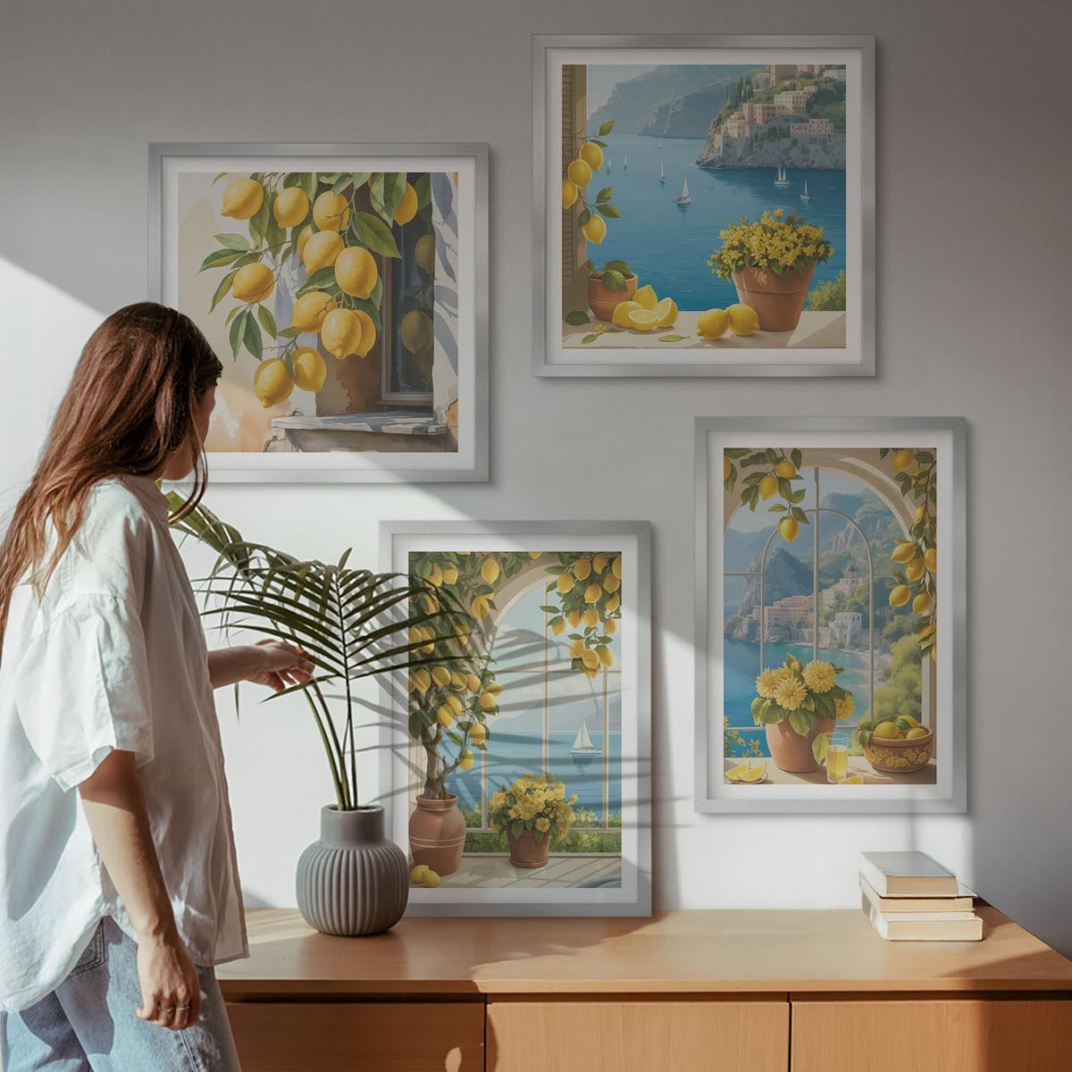 BILDER SET 4er Set - 50x50 cm & 40x60 cm Silberner Rahmen - Meereslandschaften, Zitronen, Fenster - Silberfarben, Kunststoff (50/50cm) - TULUP