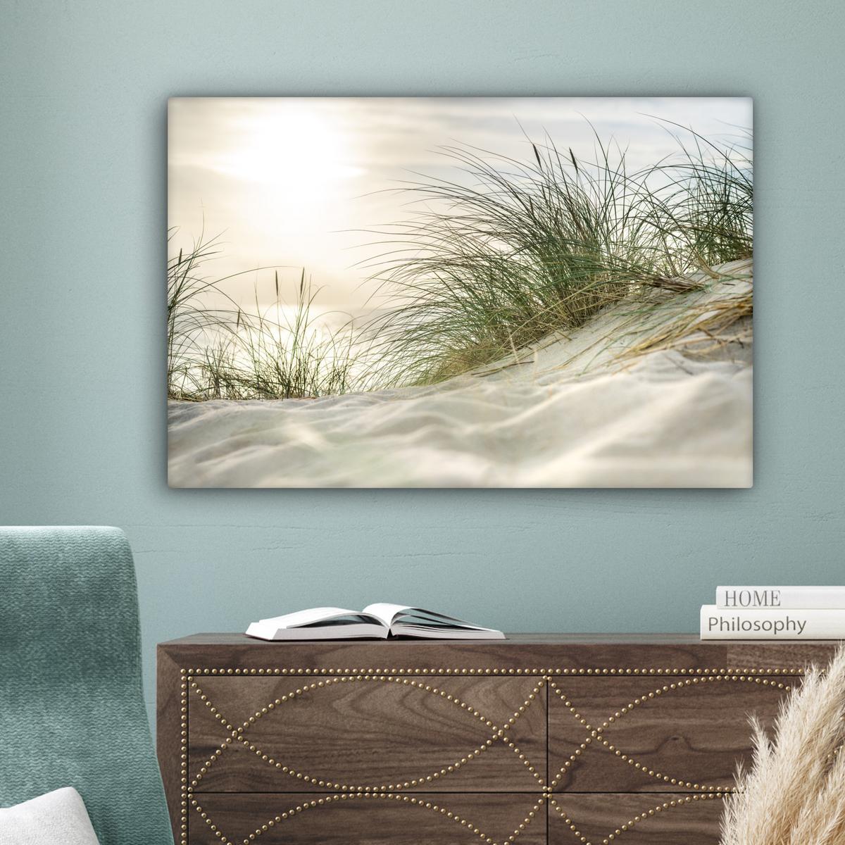 LEINWANDBILD Dünen mit Strandhafer in der Sonne des Nationalparks Schleswig-Holsteinisches Wattenmeer Wanddeko 90x60 cm - Creme, Textil (90/60cm) - MuchoWow