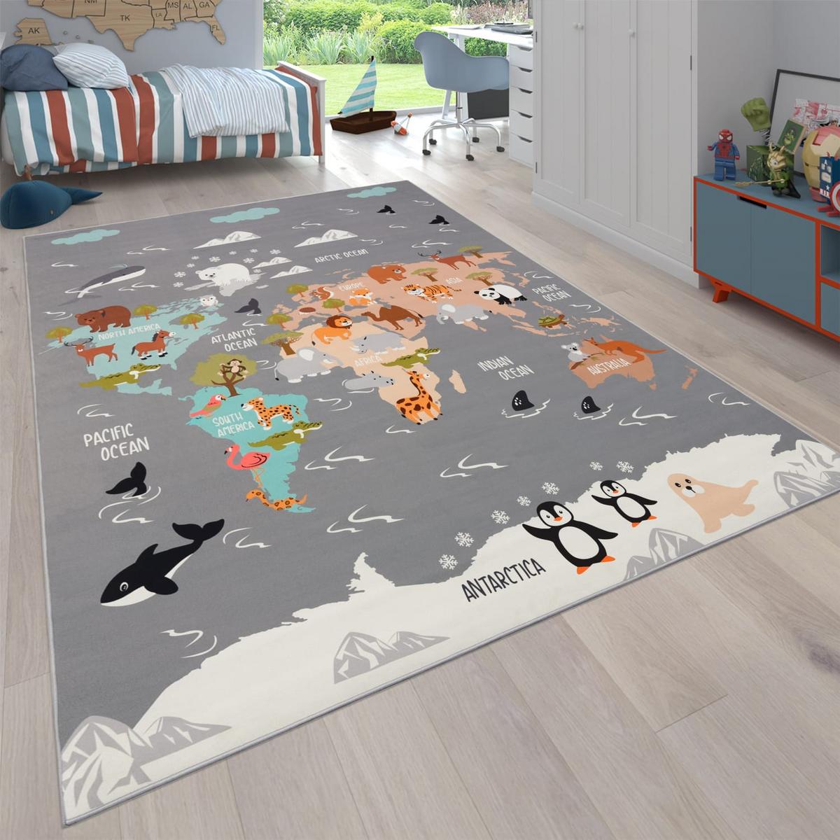 KINDERTEPPICH Waschbar, mit Tier‑Weltkarten‑Muster, Grau, 160 x 220 cm - Grau, Textil (220/160cm) - KADIMA DESIGN