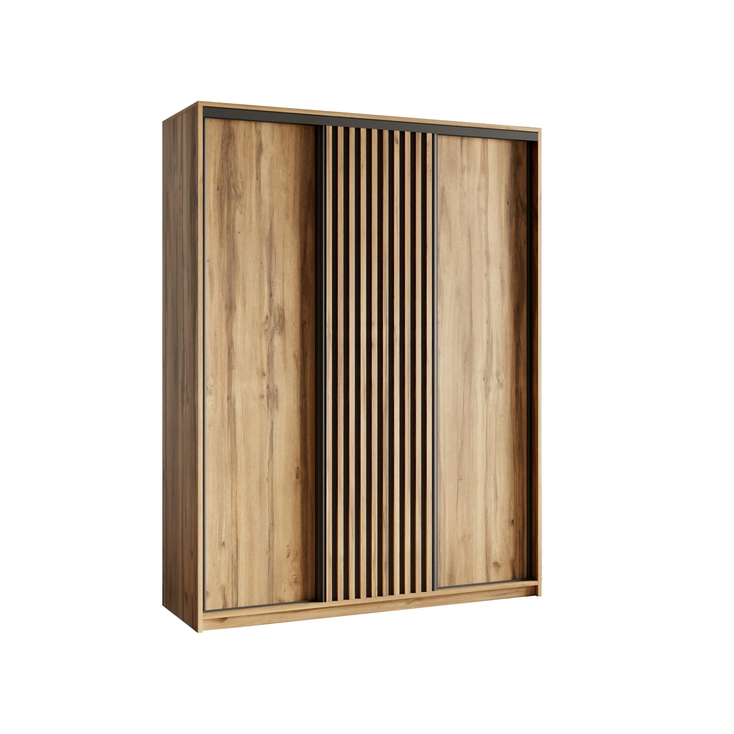 SCHWEBETÜRENSCHRANK VONTE 150/205/60 cm 3-türig mit Lamellen Eiche Wotan - Eiche Wotan/Schwarz, Holzwerkstoff (150/205/60cm) - MASSENO