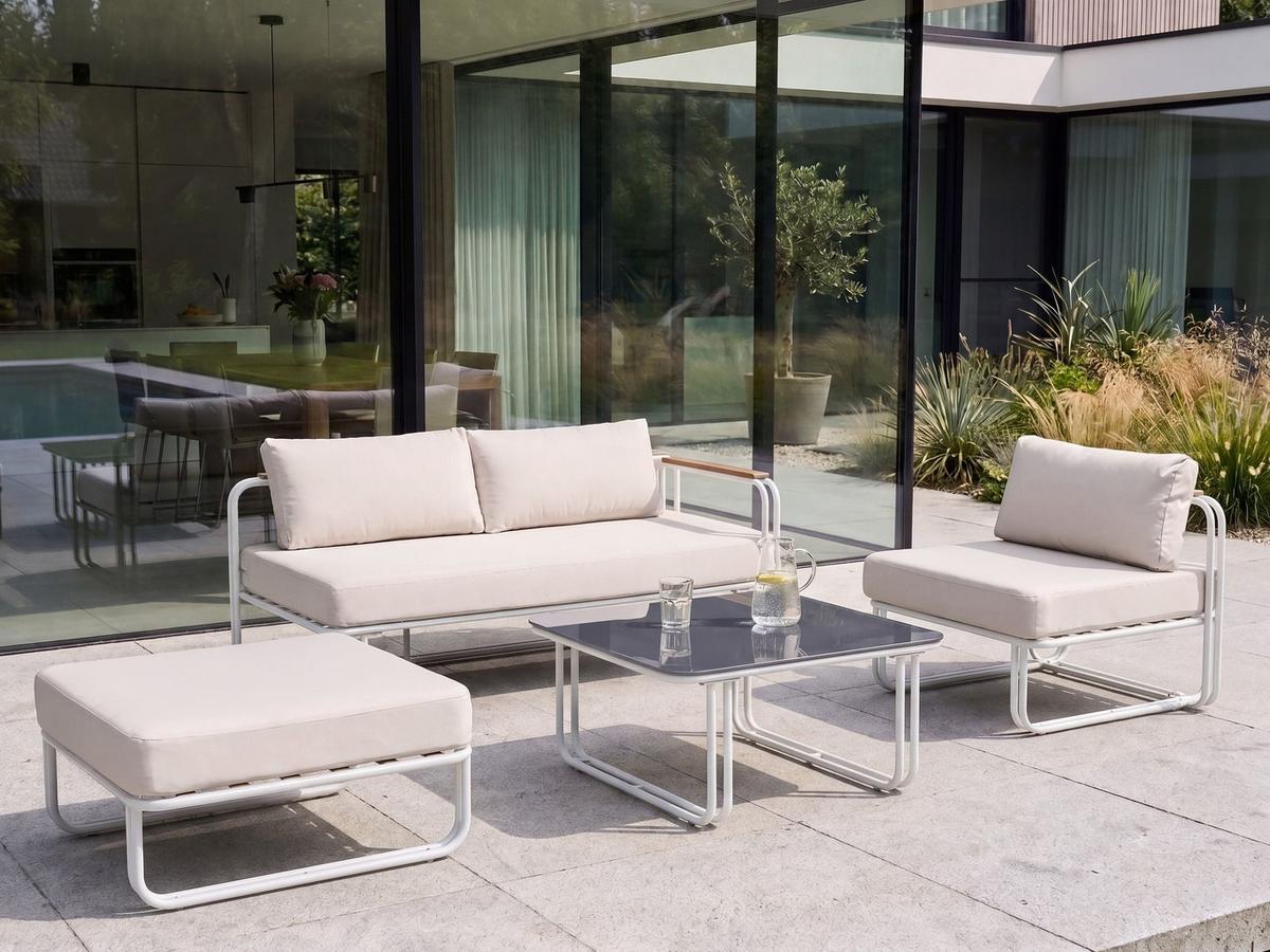 LOUNGE-SET mit Tisch und Ottomane 3-Sitzer Metall Weiß Camerota - Beige/Weiß, Metall - Beliani