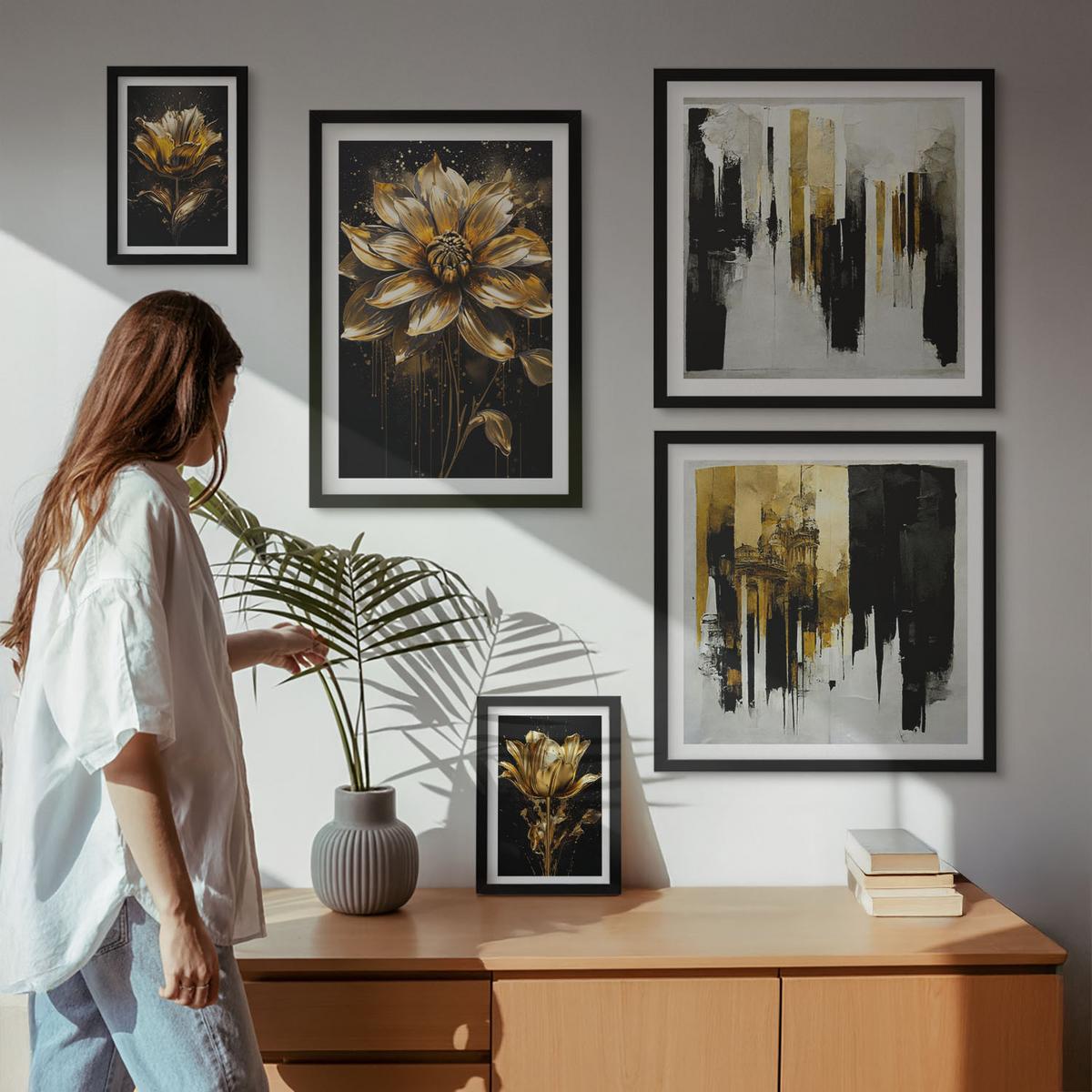 BILDER SET 5er Set - 50x50 cm & 20x30 cm & 40x60 cm Schwarzer Rahmen - Blumenbrücke – Lebensinspiration - Schwarz, Kunststoff (40/60cm) - TULUP