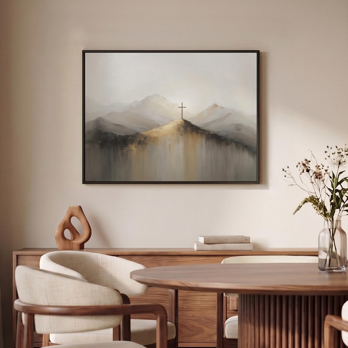 LEINWAND Bilder mit Rahmen - Hügel - Abstrakt - Kreuz - Christentum - 80x60 - Beige, Textil (80/60cm) - MuchoWow