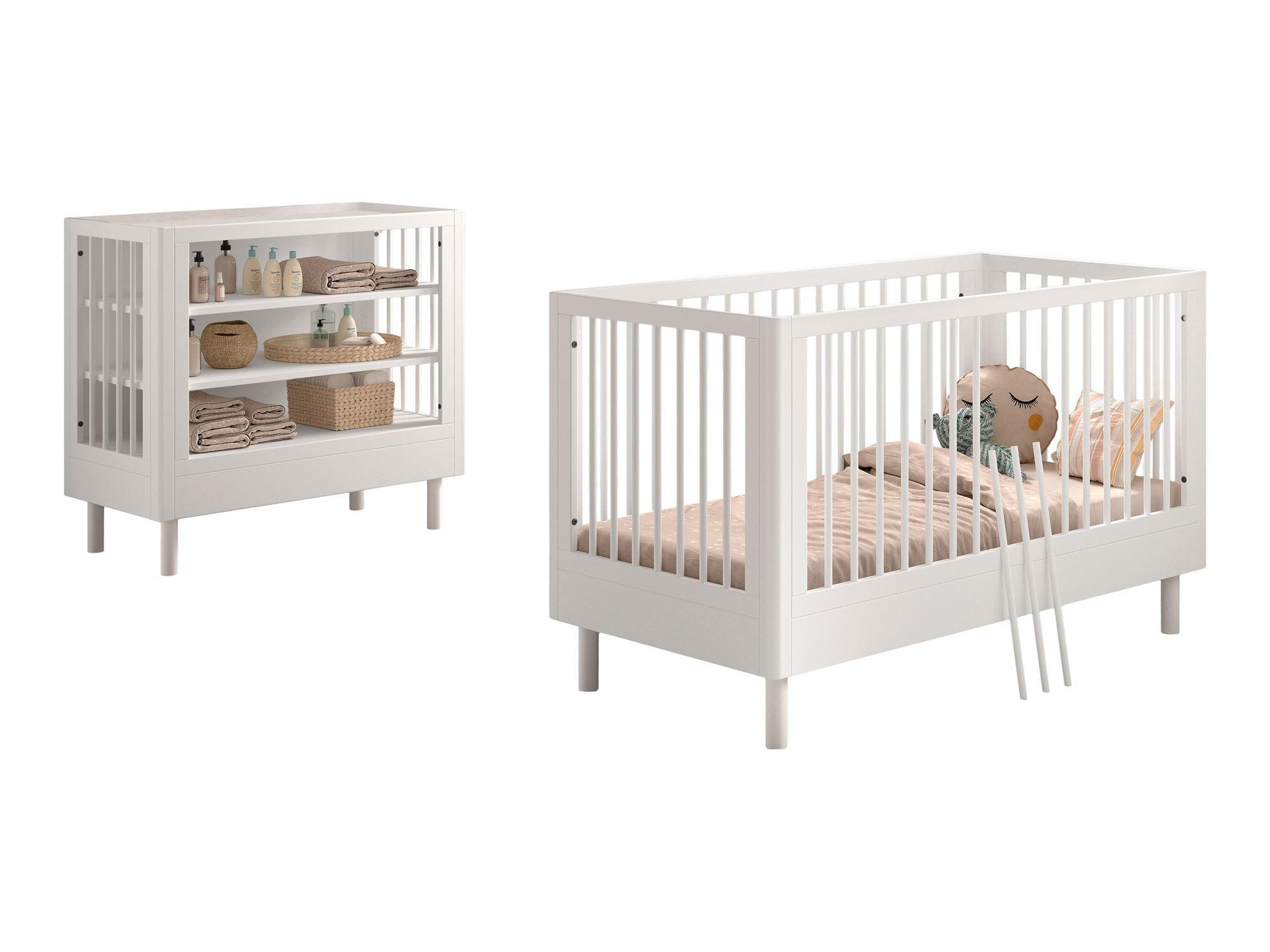 BABYBETT SET 70x140 Keeley Buche Weiß Holz Regal Komfort Stabil - Weiß, Holz (74/88/144cm) - 58aufmkessel