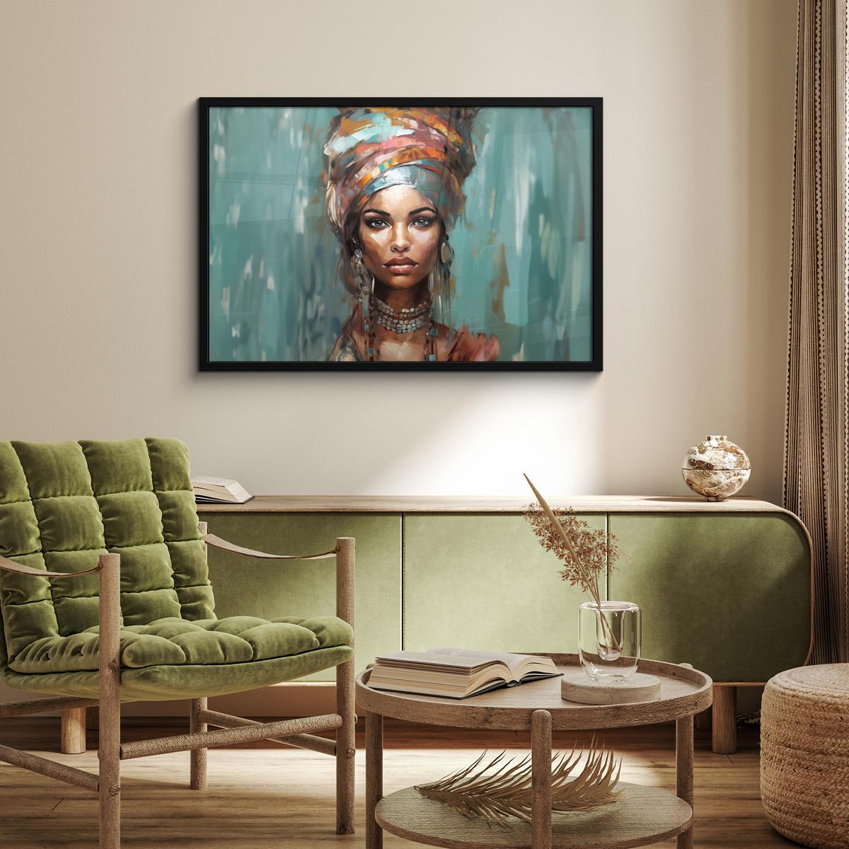 POSTER MIT RAHMENGERAHMTES BILD Frau - Kunst - Schmuck - Porträt 90x60 cm - Blaugrau, Papier (90/60cm) - MuchoWow
