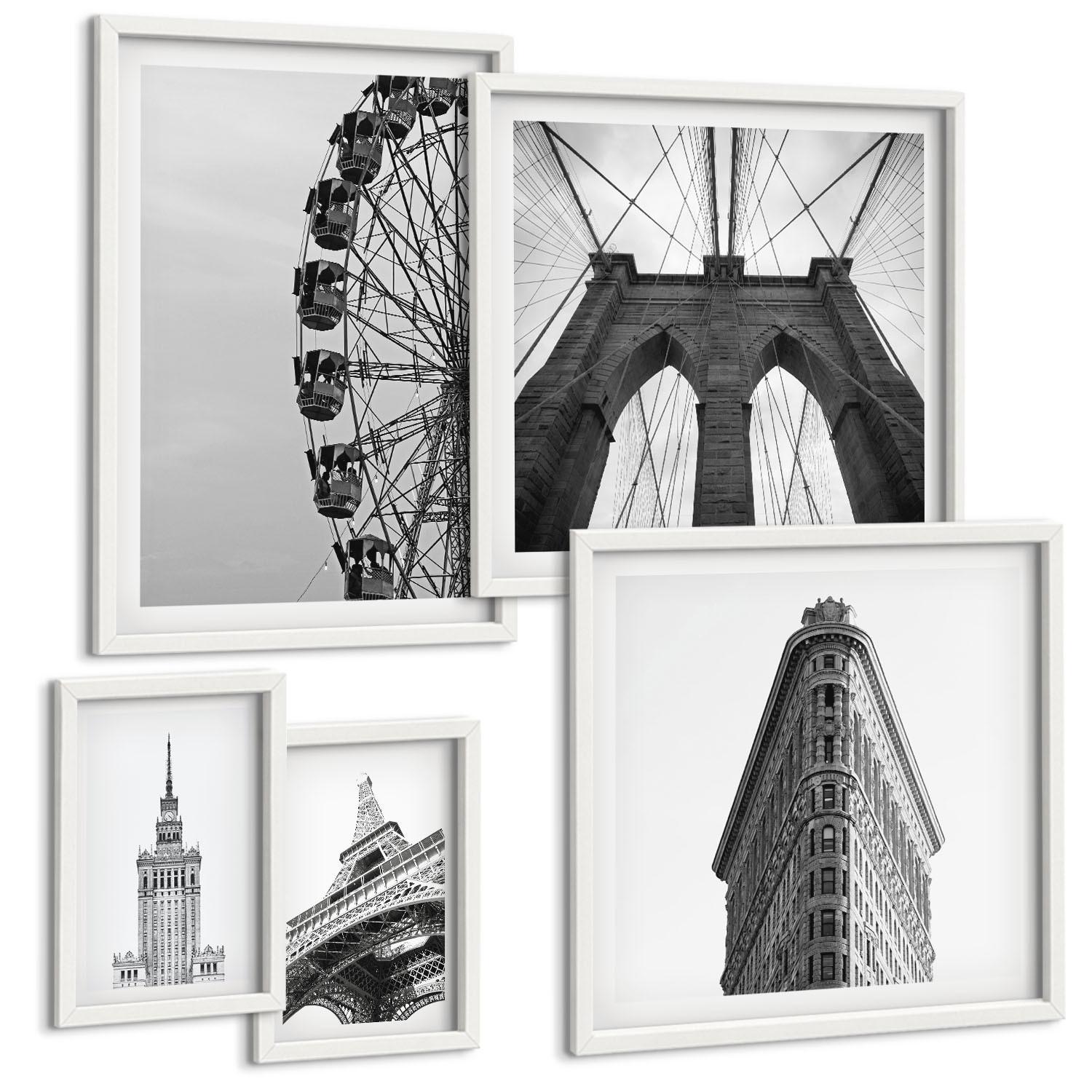BILDER SET 5er Set - 50x50 cm & 20x30 cm & 40x60 cm Weißer Rahmen - Architektur Schwarz-Weiß-Minimalismus - Weiß, Kunststoff (40/60cm) - TULUP