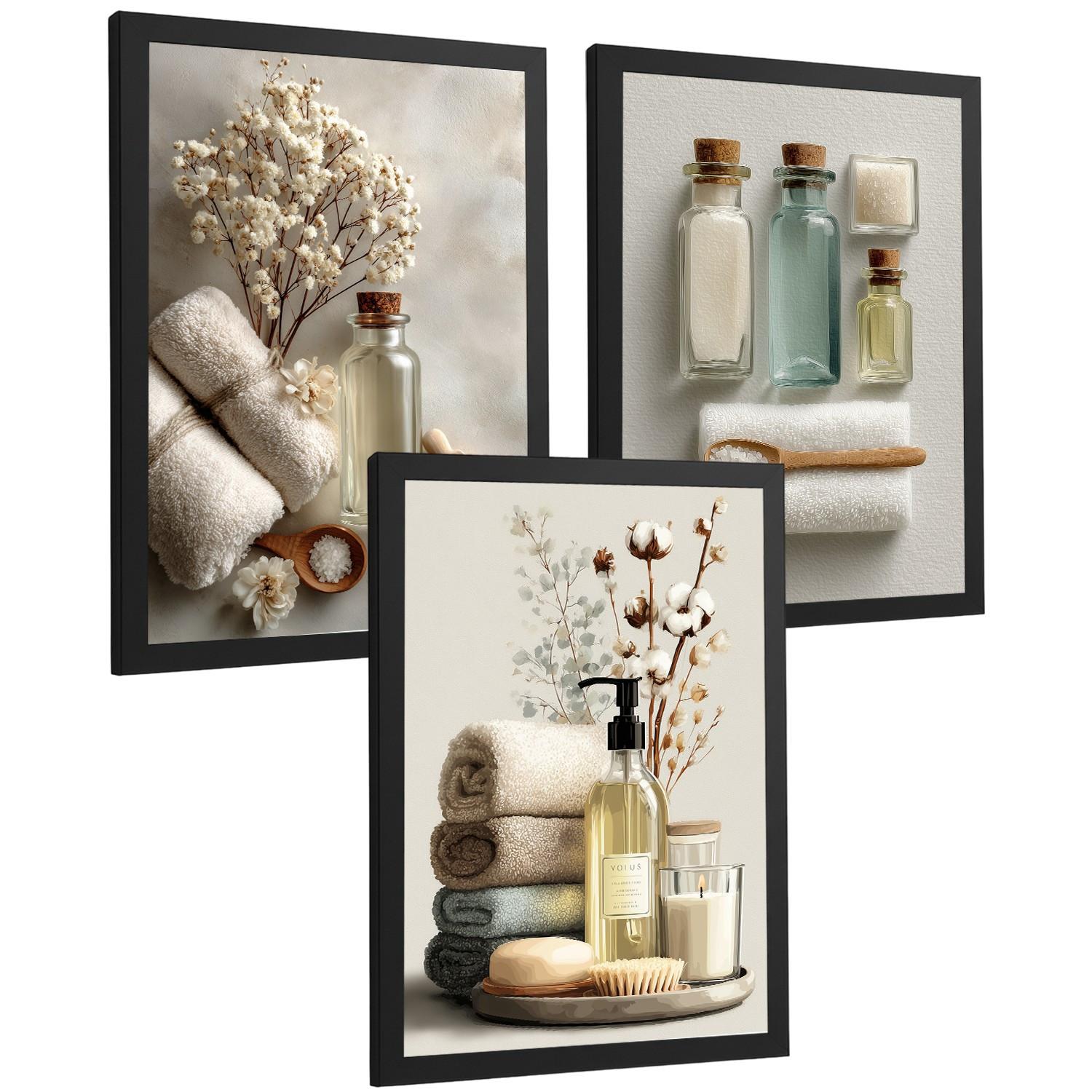 POSTER 3er-Set dekorative Badezimmer-Wandbilder und für Waschbecken, Dusche, WC mit Flaschen, Badesalz und Handtüchern, Naturstil Schwarzer Rahmen A4 - Schwarz, Papier (29.7/21/3cm) - Nacnic