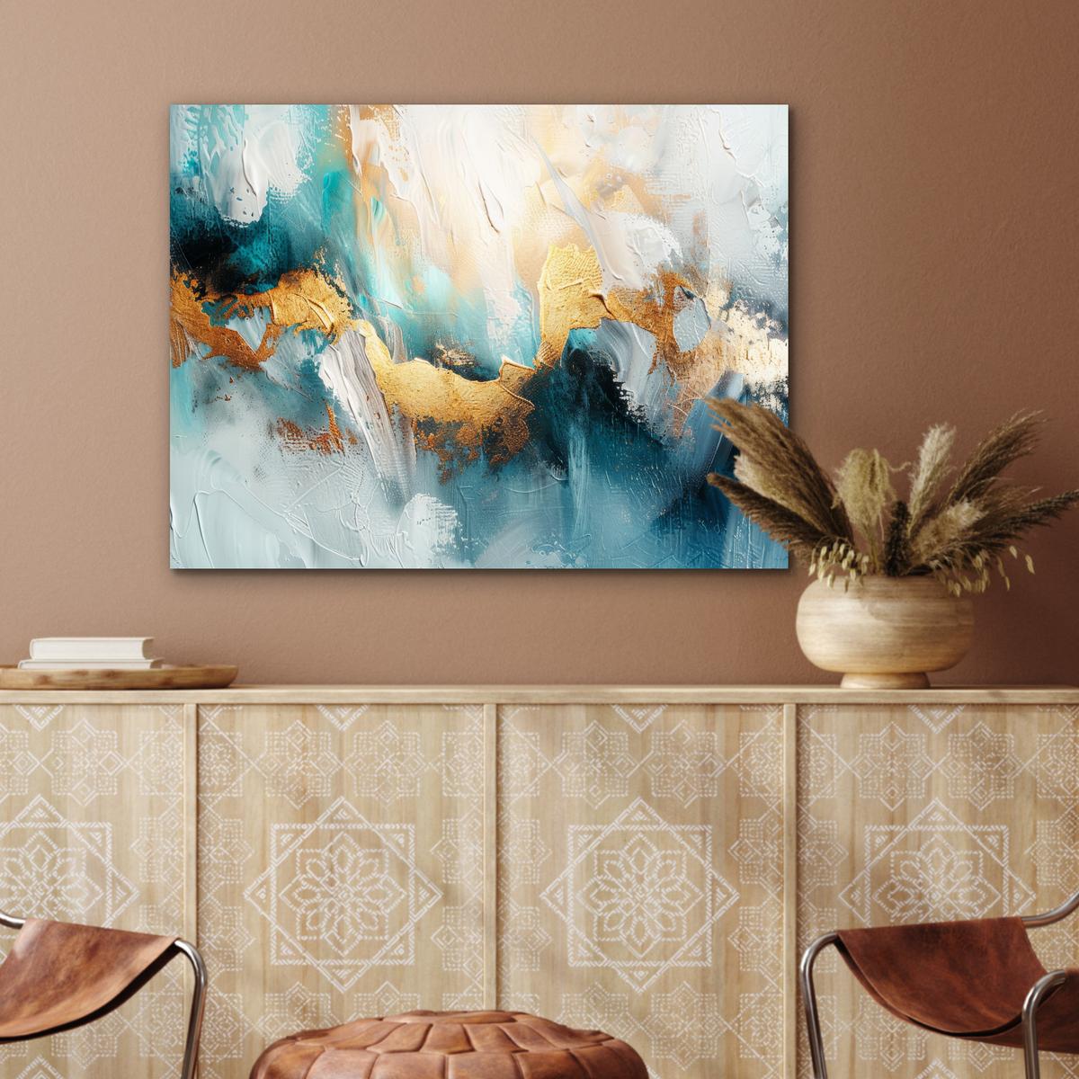 METALLBILD Abstrakt - Kunst - Gold - Blau 80x60 cm - Petrol, Metall (80/60cm) - MuchoWow