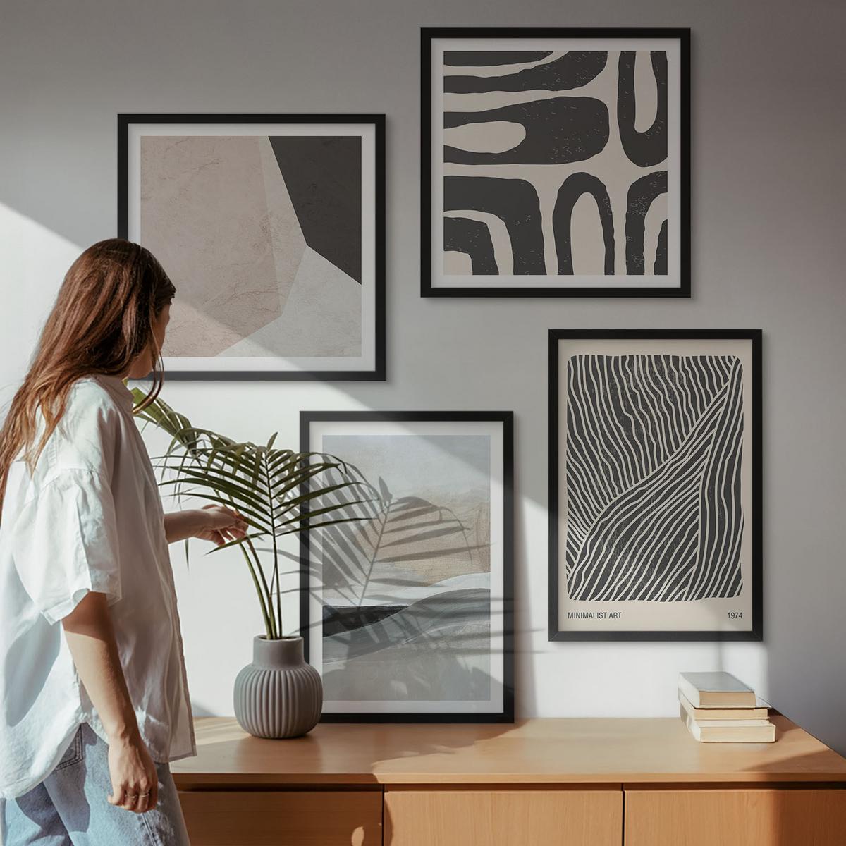 BILDER SET 4er Set - 50x50 cm & 40x60 cm Schwarzer Rahmen - Abstrakte Boho-Dekorationsmuster - Schwarz, Kunststoff (50/50cm) - TULUP
