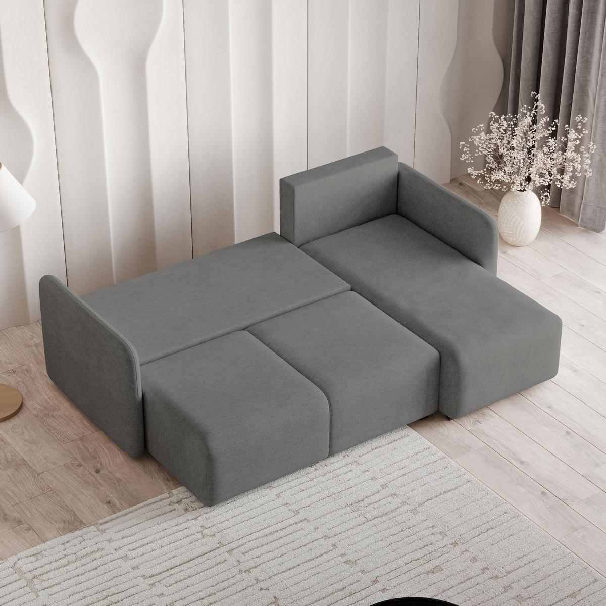 ECKSOFA SUVINO Grau Geflochtener Stoff mit Schlaffunktion - Grau, Holz (230/143cm) - MASSENO
