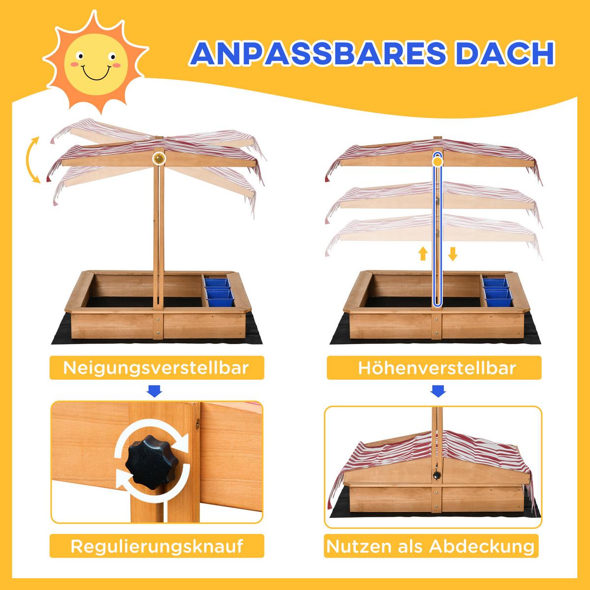 SANDKASTEN Sandkiste mit Dach Holz für Kinder 3-7 Jahre Bodenloses Design Gelb - Gelb, Holz (107.5/107.5/110cm) - Outsunny