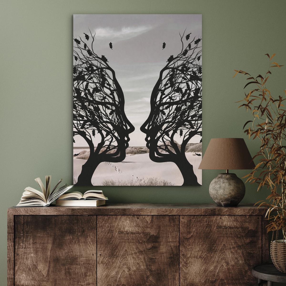 AKUSTIKBILD Strand - Meer - Menschen - Baum - Moderne Kunst Wandbilder 60x80 cm - Hellgrau, Kunststoff (60/80/0.9cm) - MuchoWow