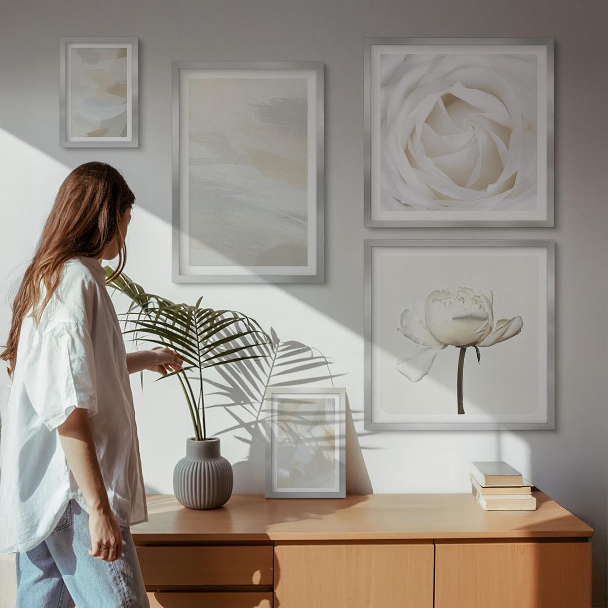 BILDER SET 5er Set - 50x50 cm & 20x30 cm & 40x60 cm Silberner Rahmen - Abstrakter Hintergrund mit feinen Strichen - Silberfarben, Kunststoff (40/60cm) - TULUP