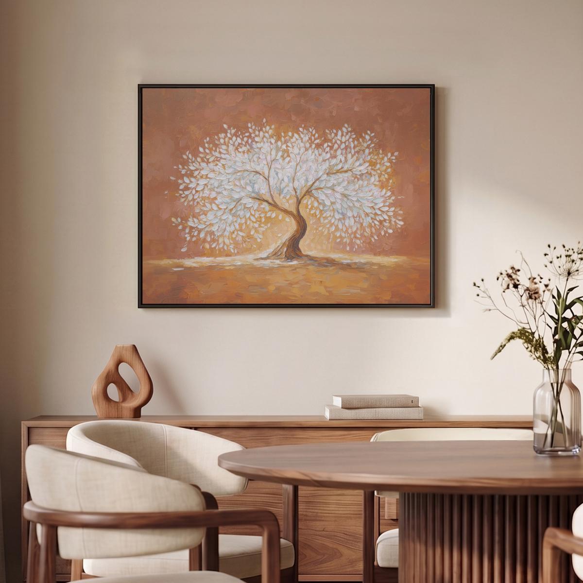 LEINWAND Bilder mit Rahmen - Abstrakt - Baum - Weiß - Blätter - 80x60 - Braun, Textil (80/60cm) - MuchoWow