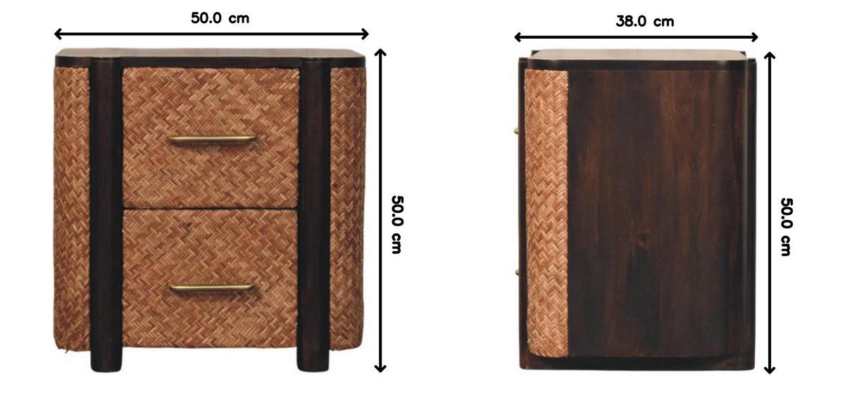 NACHTKASTEN Havana Geflechtfront, 2 Schubladen, Braun - Hellbraun/Messingfarben, Holz/Metall (50/50/38cm) - Artisan Furniture