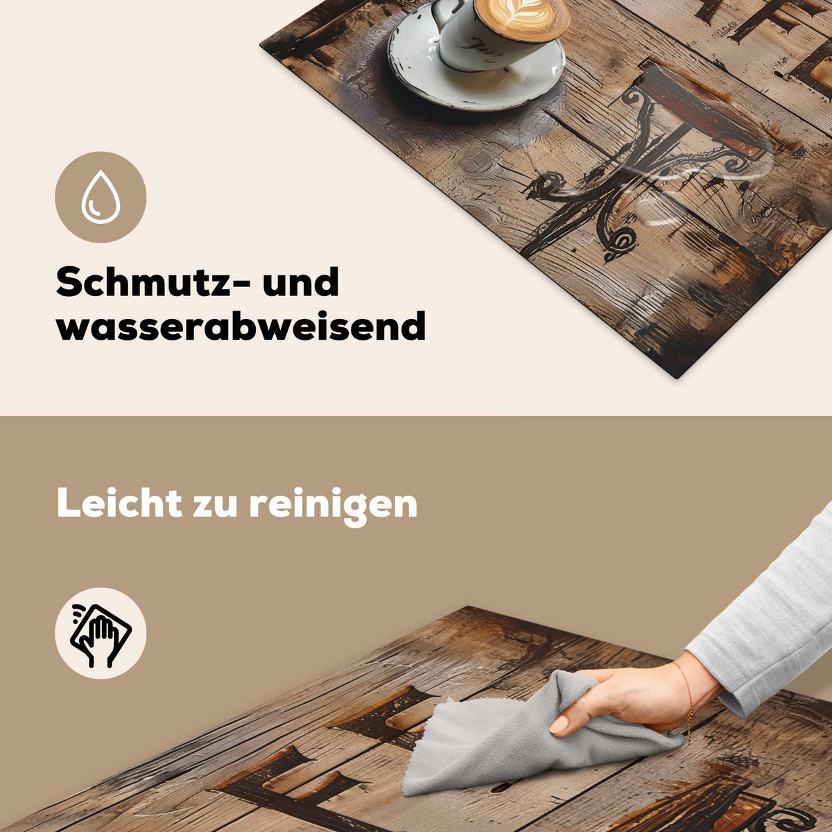 HERDABDECKPLATTE Cafe - Holz - Kaffee - Regale Induktionsmatte 77x59 cm - Schwarz, Kunststoff (77/59/0.2cm) - MuchoWow