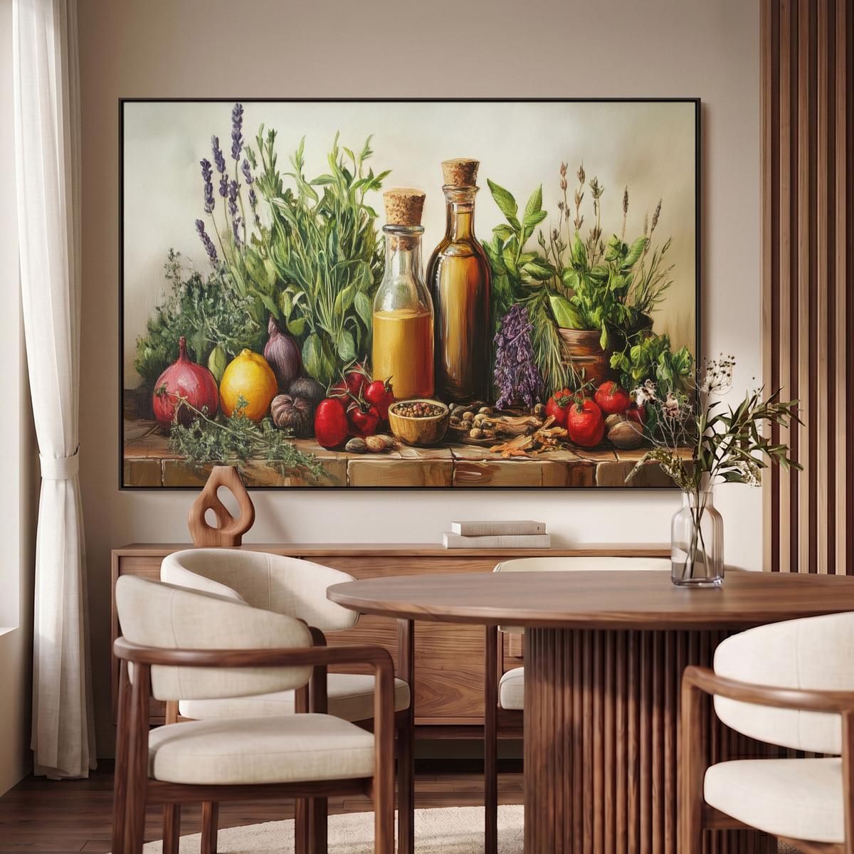 LEINWAND Bilder mit Rahmen - Stilleben - Kräuter - Gewürze - Früchte - Farbenfroh - 150x100 - Grün, Textil (150/100cm) - MuchoWow