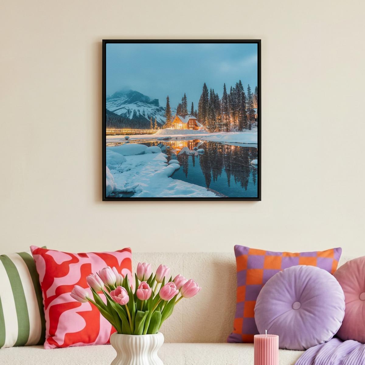 LEINWAND Bilder mit Rahmen - Winterlandschaft - Natur - Haus - Berge - Schnee - 50x50 - Hellblau, Textil (50/50cm) - MuchoWow