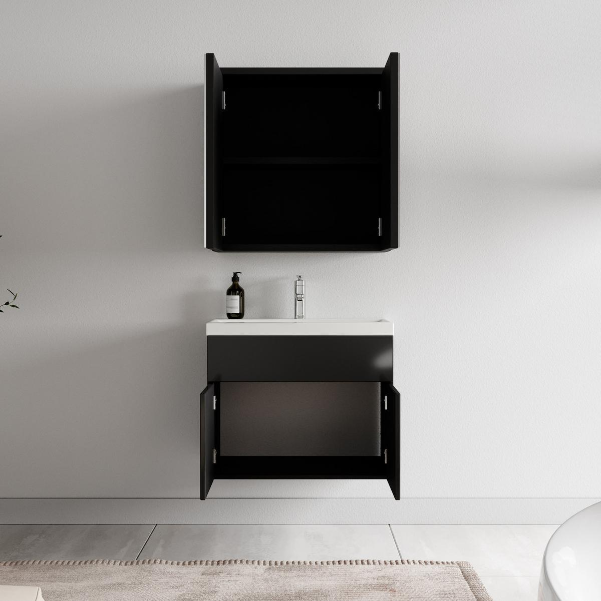 BADMÖBEL-SET Montreal 3 Teile Schwarz Hochglanz - 60 x 35 x 51 cm - Schwarz, Holz (60/53/35cm) - Badplaats