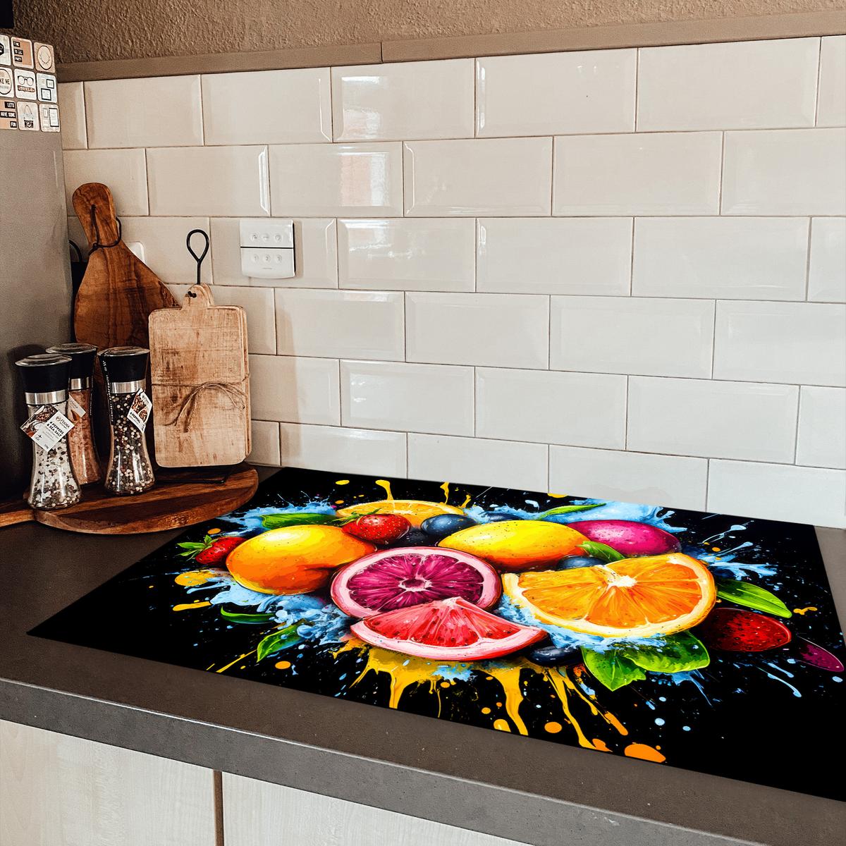 HERDABDECKPLATTE Obst - Graffiti - Bunt - Orange - Erdbeere - Abstrakt Induktionsschutz 81.6x52.7 cm - Orange, Kunststoff (81.6/52.7/0.2cm) - MuchoWow