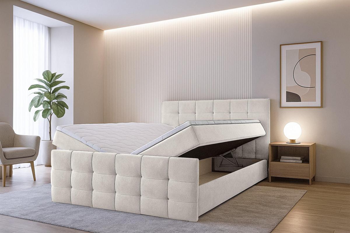 BOXBETT ARGENTARO 140x200 cm mit Bettkasten und Matratze - Beige + TOPPER - Beige/Schwarz, Holz/Holzwerkstoff (140/200cm) - AX Living