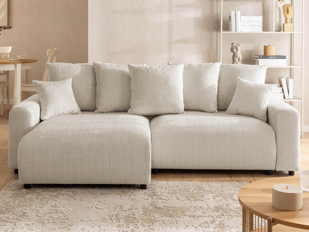 ECKSOFA Calma mit Schlaffunktion und Bettkasten im Bumpy-Design aus weichem Beige Chenille-Stoff - Ottomane links - Beige/Schwarz, Holz/Kunststoff (140/239cm) - S-Style Möbel