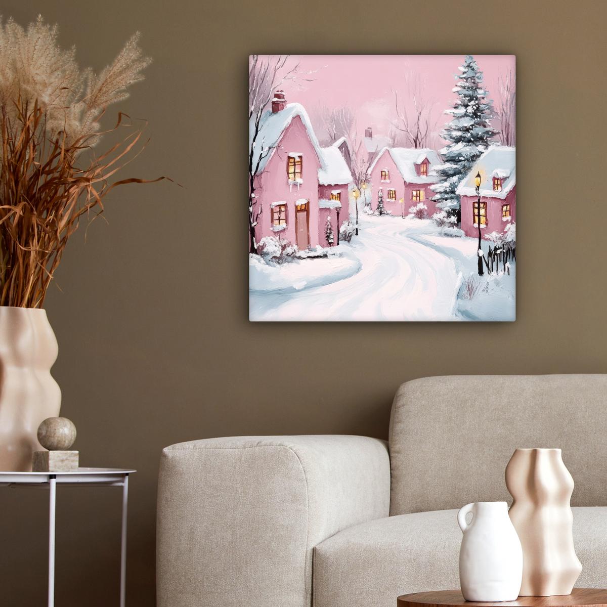 LEINWANDBILD Weihnachtsdorf - Rosa - Winter - Schnee - Häuser Wandbild Wohnzimmer 50x50 cm - Altrosa, Textil (50/50cm) - MuchoWow