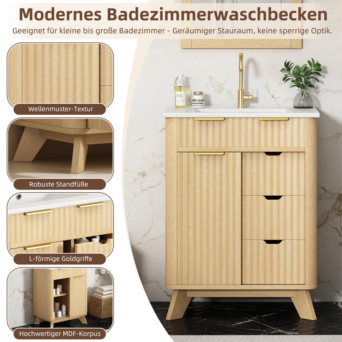 WASCHTISCHUNTERSCHRANK Holzoptik mit Wellenmuster, Schiebetür & 3 Schubladen - Naturfarben, Holzwerkstoff (61/90/47cm) - Urban Meuble