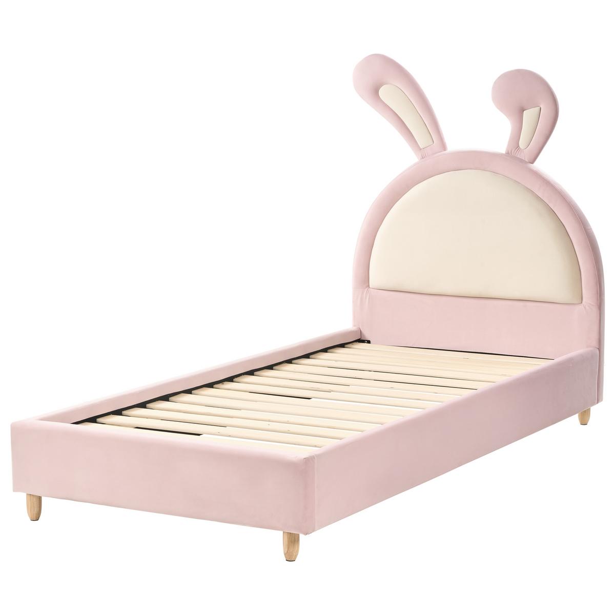 KINDERBETT Kaninchen Samtstoff 90/200 cm Rosa Lallias - Pink/Weiß, Textil (90/200cm) - Beliani