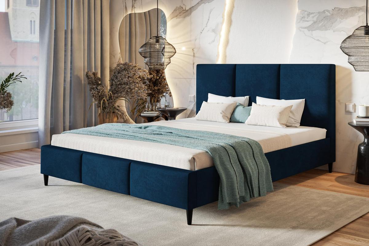 POLSTERBETT LUX Siena mit Kopfteil, 180 x 200 cm, Doppelbett mit Lattenrost aus Holz, Velourstoff Dunkelblau, Füße in Farbe: Schwarz - Dunkelblau, Holz/Textil (180/200cm) - Alpi-Möbel