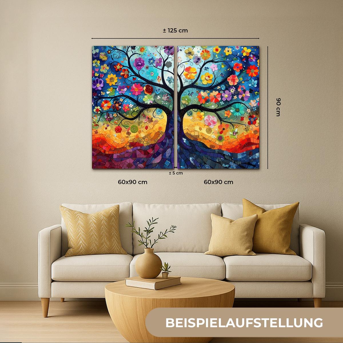 LEINWANDBILD 2er Set Bunt - Baum des Lebens - Blumen - Abstrakt 120x90 cm - Blau, Textil (120/90cm) - MuchoWow