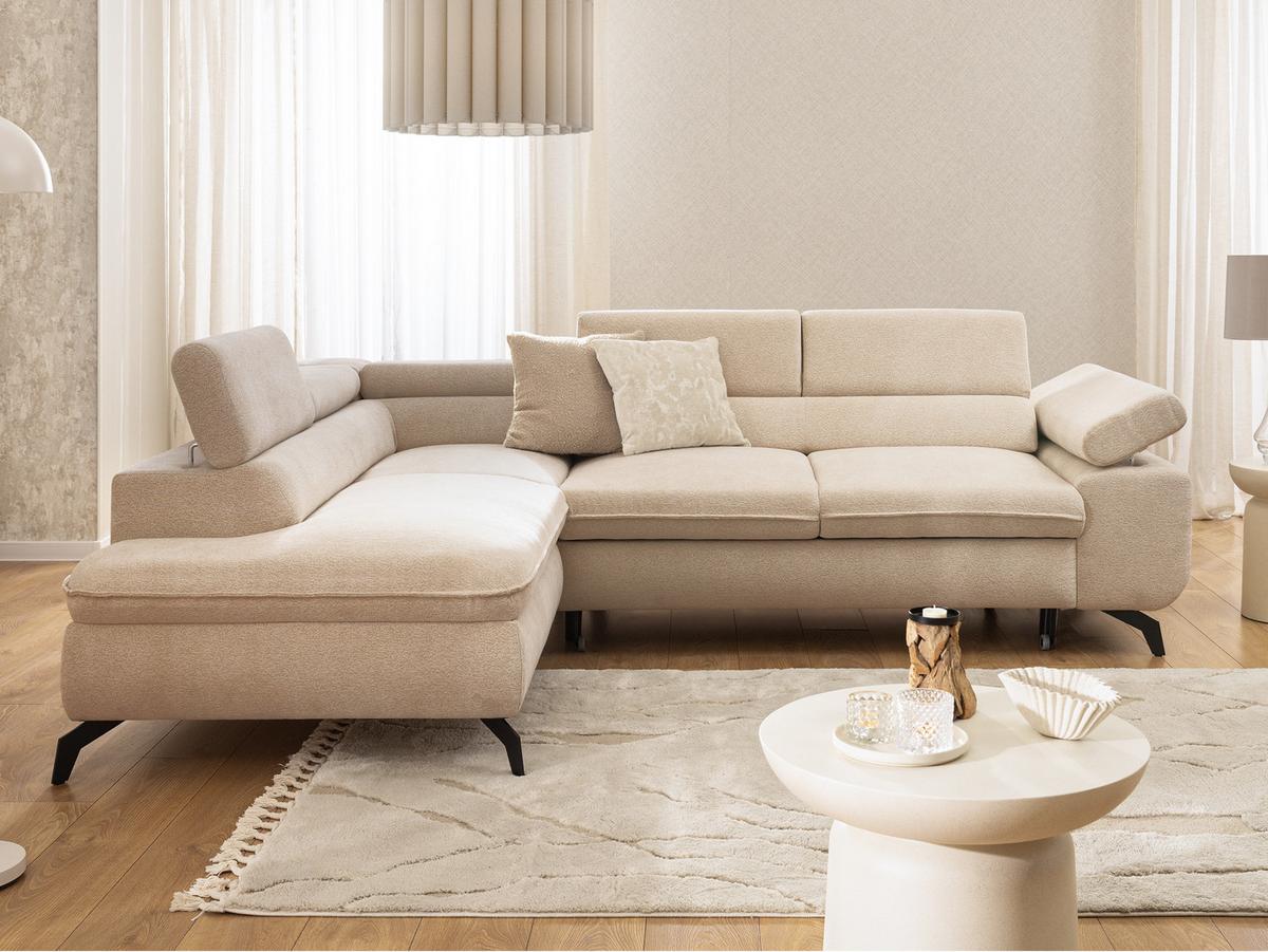 ECKSOFA mit Schlaffunktion und Bettkasten Bonnie aus Taupe Chenille-Stoff mit verstellbaren Kopfstützen und Armlehne - Ottomane links - Taupe/Schwarz, Holz/Textil (275/210cm) - S-Style