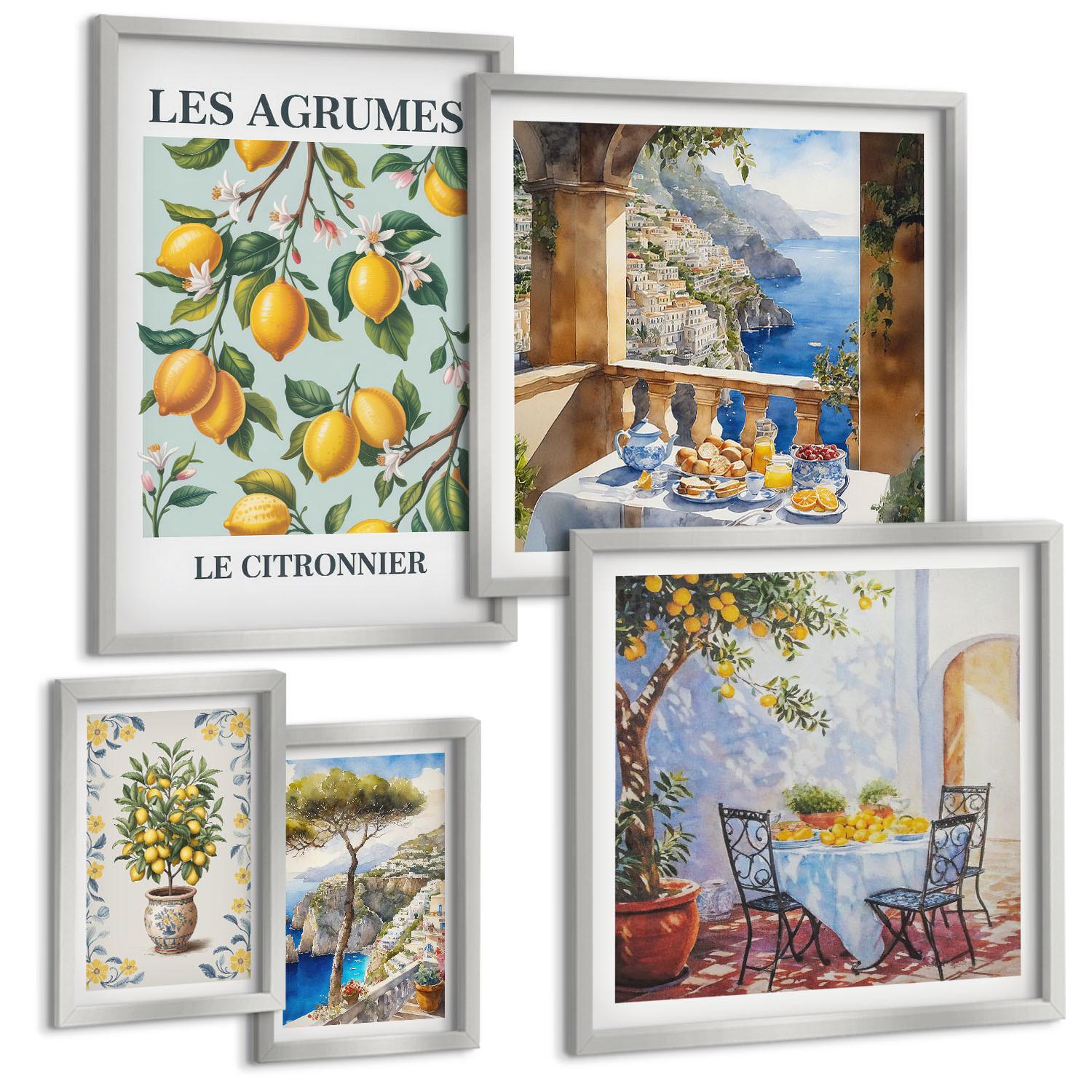 BILDER SET 5er Set - 50x50 cm & 20x30 cm & 40x60 cm Silberner Rahmen - Küchenkräuterpflanzen Beschriftungen - Silberfarben, Kunststoff (40/60cm) - TULUP