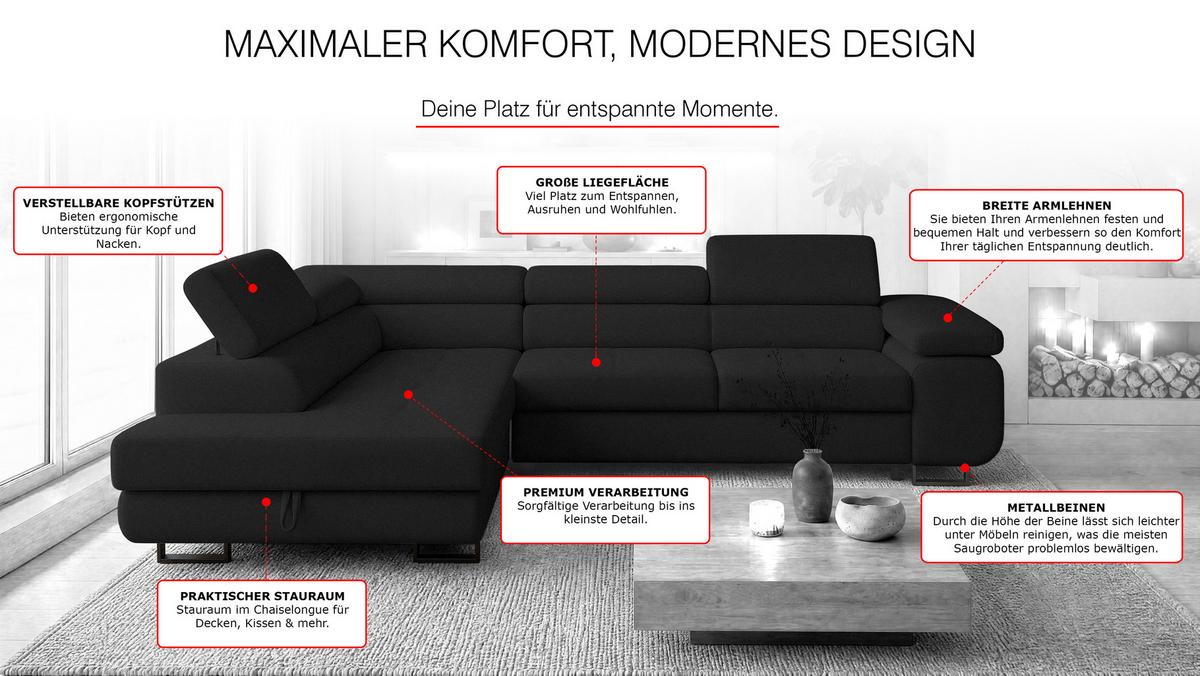 ECKSOFA Velmo mit Bettkasten und Schlaffunktion, verstellbaren Kopfstützen, in L-Form - Dunkelgrau, Textil (275/203cm)