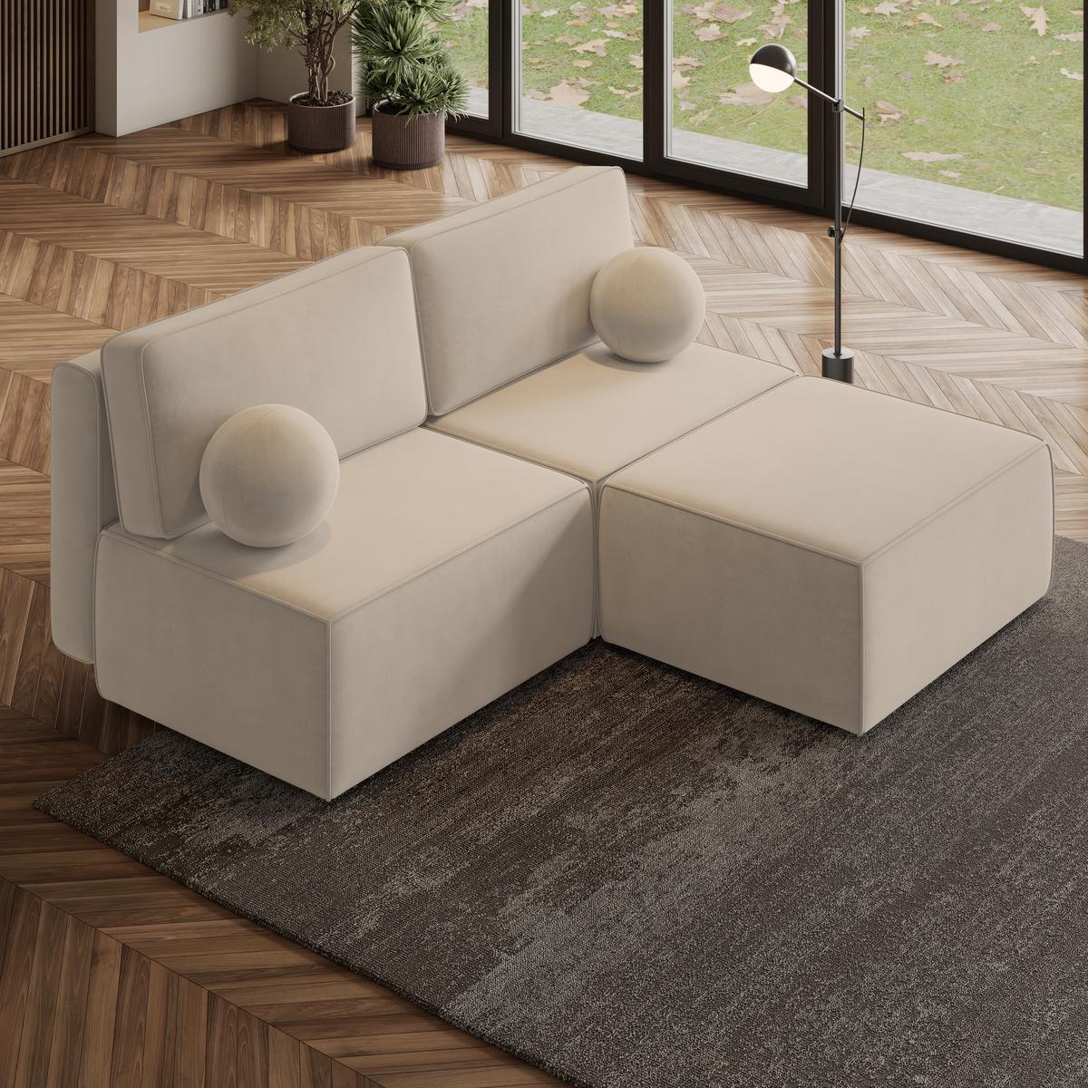 ECKSOFA VARNA M Creme Velours-Stoff mit Schlaffunktion - Creme/Grau, Holz/Kunststoff (196/158cm) - MASSENO