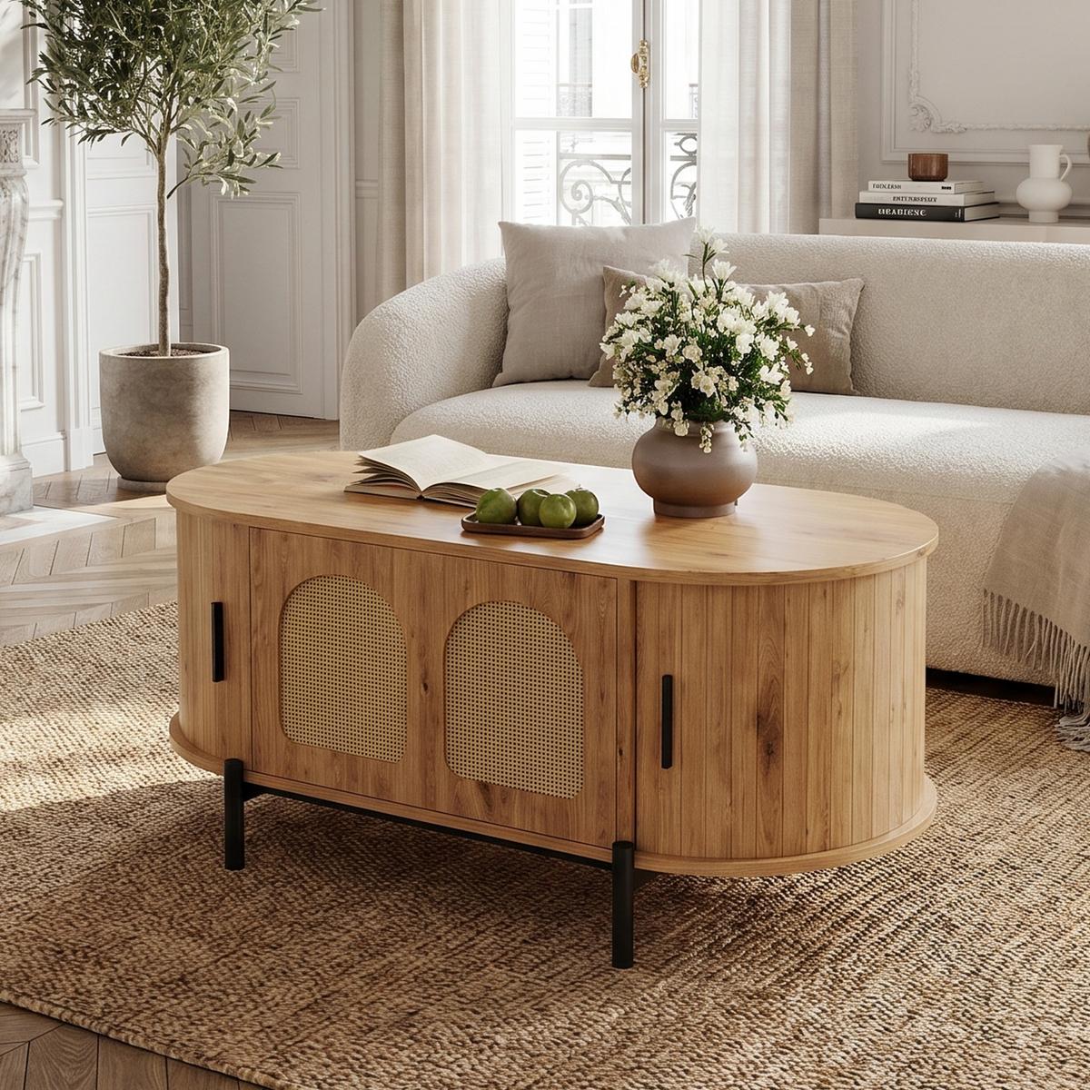 COUCHTISCH in holzoptik mit rattan, ovale form und schiebetüren - Naturfarben, Holzwerkstoff (50/100/40cm) - Urban Meuble