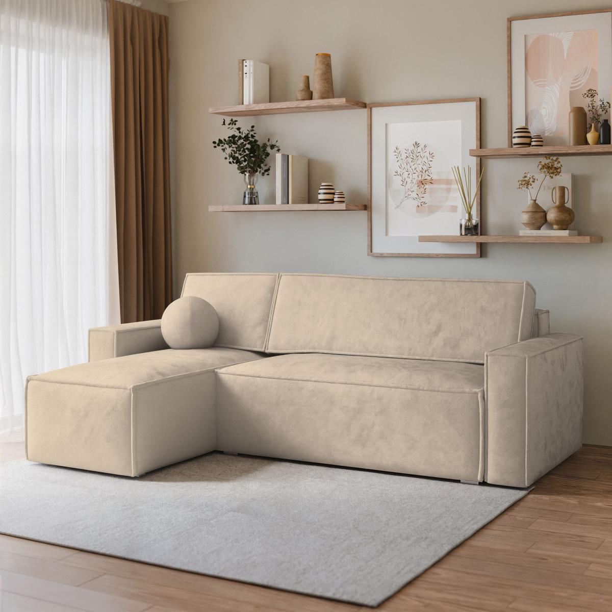 ECKSOFA RAVELO M Creme Velours-Stoff mit Schlaffunktion - Creme/Grau, Holz/Kunststoff (240/140cm) - MASSENO