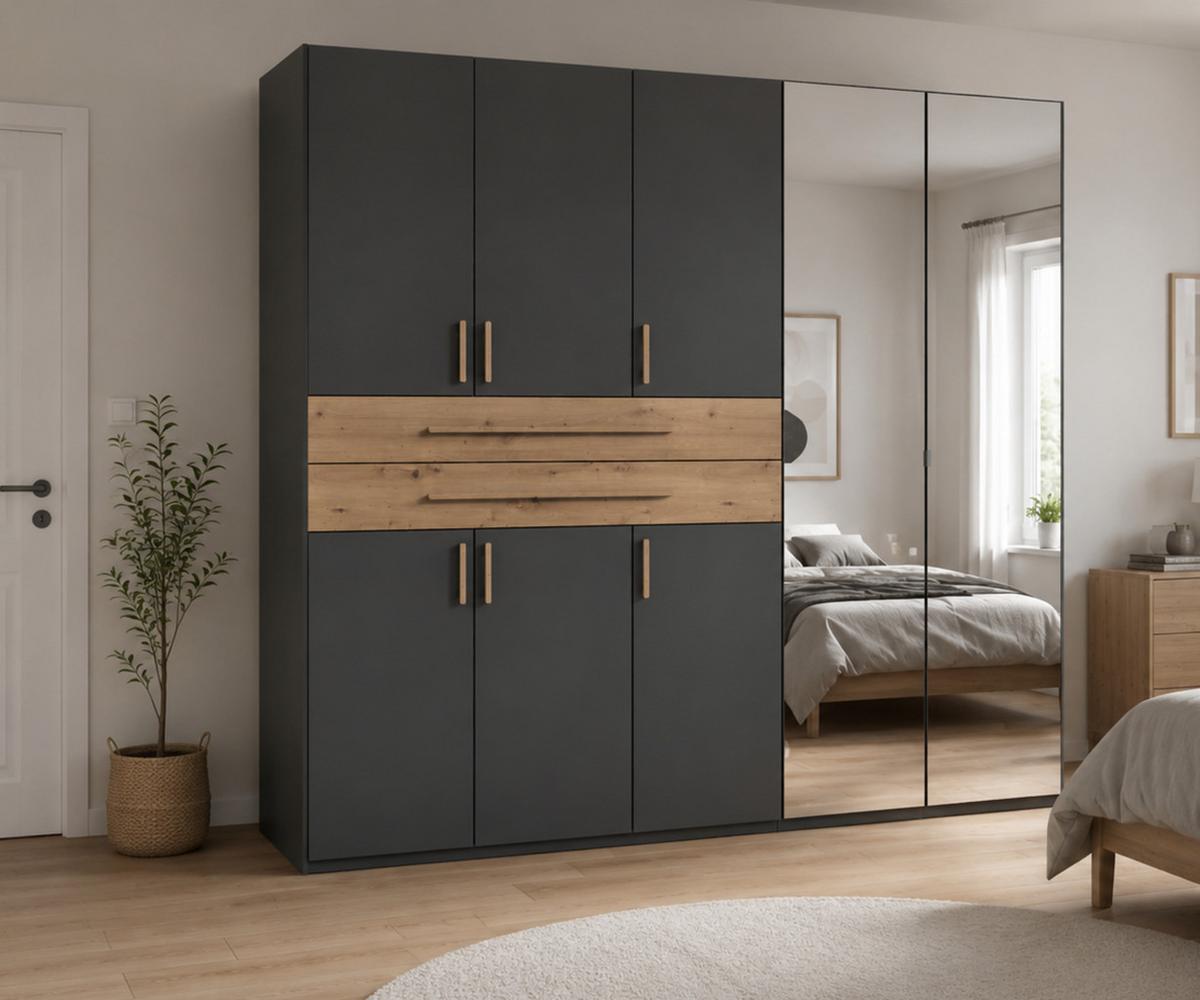 DREHTÜRENSCHRANK B225/H208/T58 cm in Grafit, Kleiderschrank mit 2 Spiegeltüren, 2 großen Schubkästen & Griffen in Eiche Artisan Dekor / 22637 - Graphitfarben/Eiche Artisan, Holzwerkstoff/Kunststoff (225/208/58cm) - luma-home
