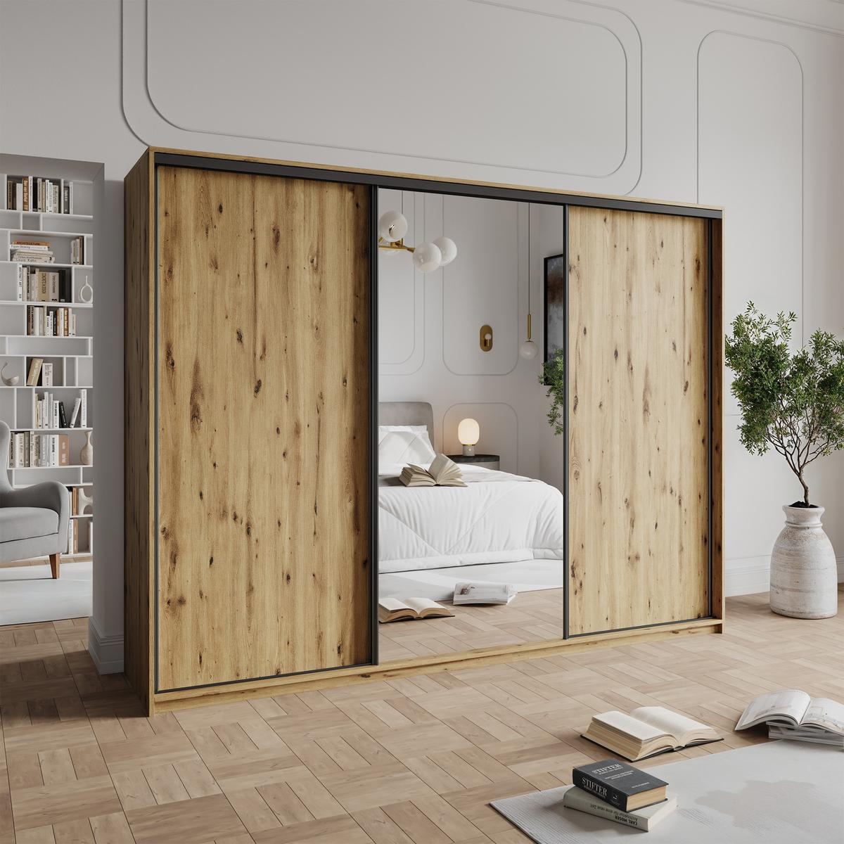SCHWEBETÜRENSCHRANK TAVI 270/205/60 cm 3-türig mit Spiegel Eiche Artisan - Eiche Artisan, Holzwerkstoff (270/205/60cm) - MASSENO