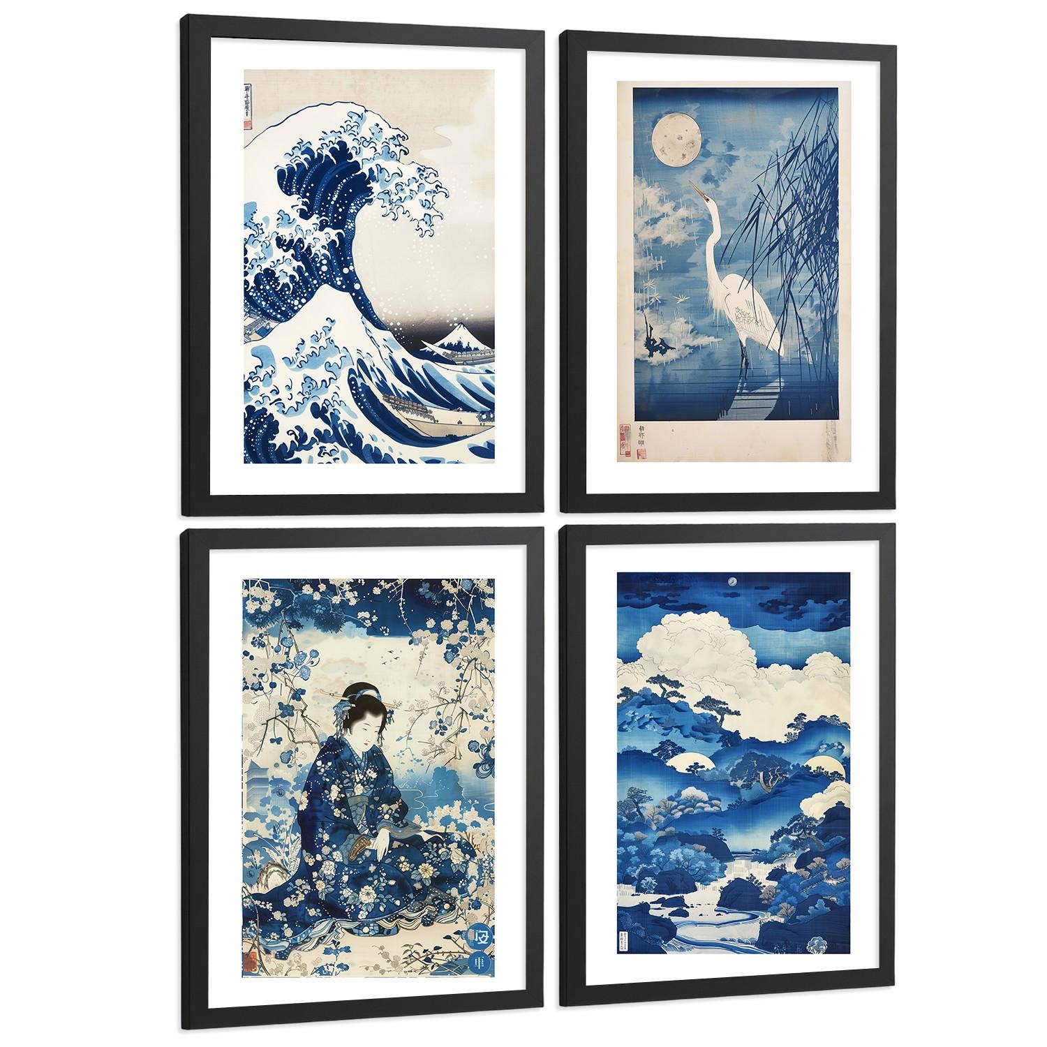 POSTER 4er Bilder-Set Wandbilder Japanisch modern Wohnzimmer Deko, Schlafzimmer, Küche, Badezimmer Schwarzer Rahmen A4 - Schwarz, Papier (29.7/1/21cm) - Nacnic