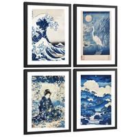 POSTER 4er Bilder-Set Wandbilder Japanisch modern Wohnzimmer Deko, Schlafzimmer, Küche, Badezimmer Schwarzer Rahmen A4 - Schwarz, Papier (29.7/1/21cm) - Nacnic
