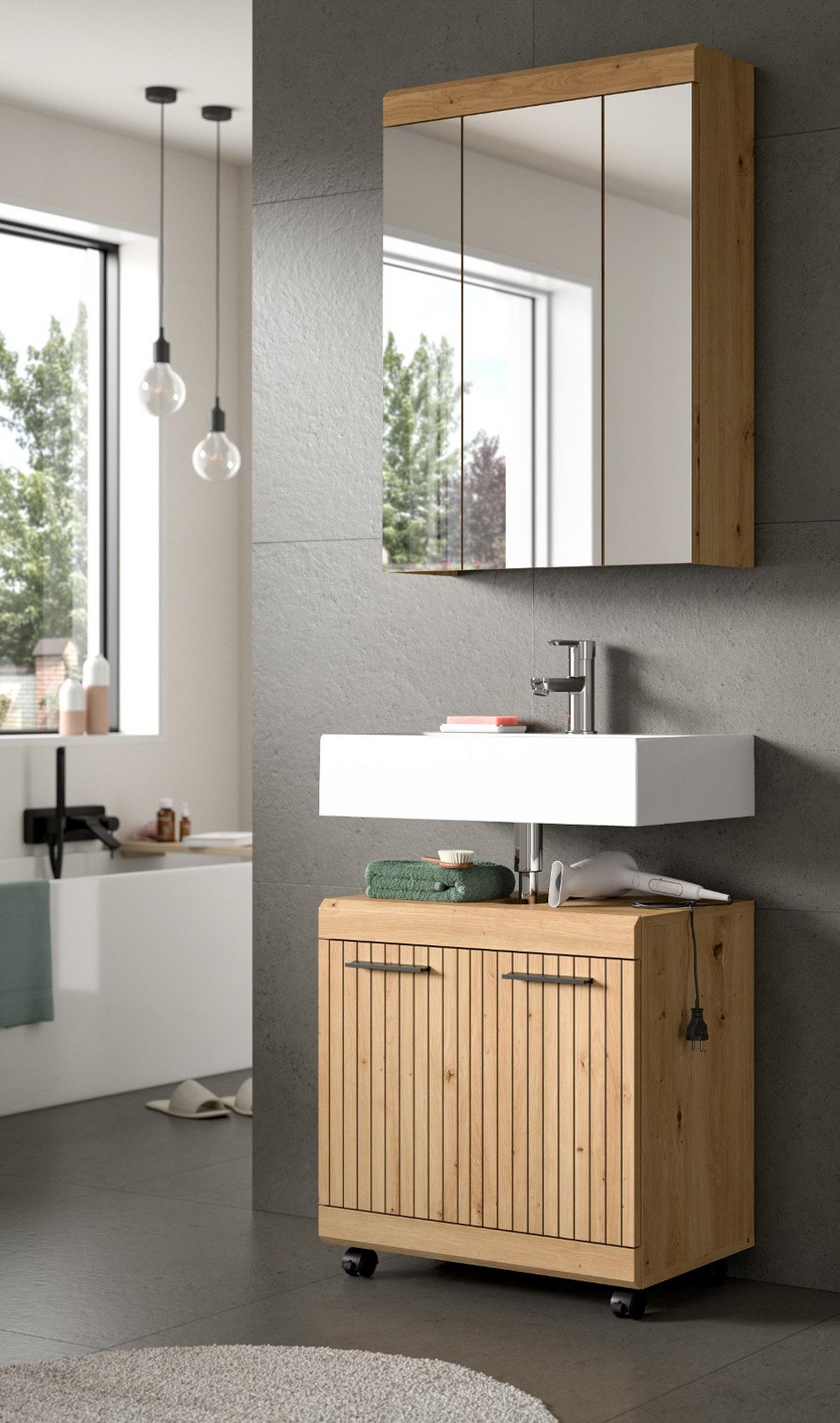 BADMÖBEL-SET Eiche Artisan Set 2-teilig 60 x 191 cm, Badkombination modernes Design - Schwarz/Eiche Artisan, Glas/Holzwerkstoff (60/191/34cm) - Inn.Furn