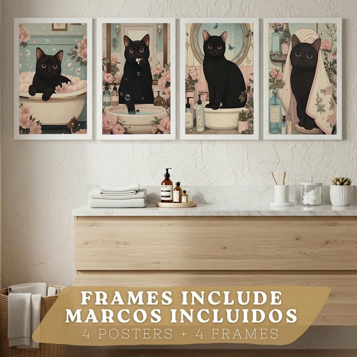 POSTER 4er-Set dekorative Kunstdrucke, schwarze Katze im Badezimmer, niedliches Blumenposter für Toilette, Schlafzimmer, sanfter Weißer Rahmen A4 - Weiß, Papier (29.7/21/3cm) - Nacnic