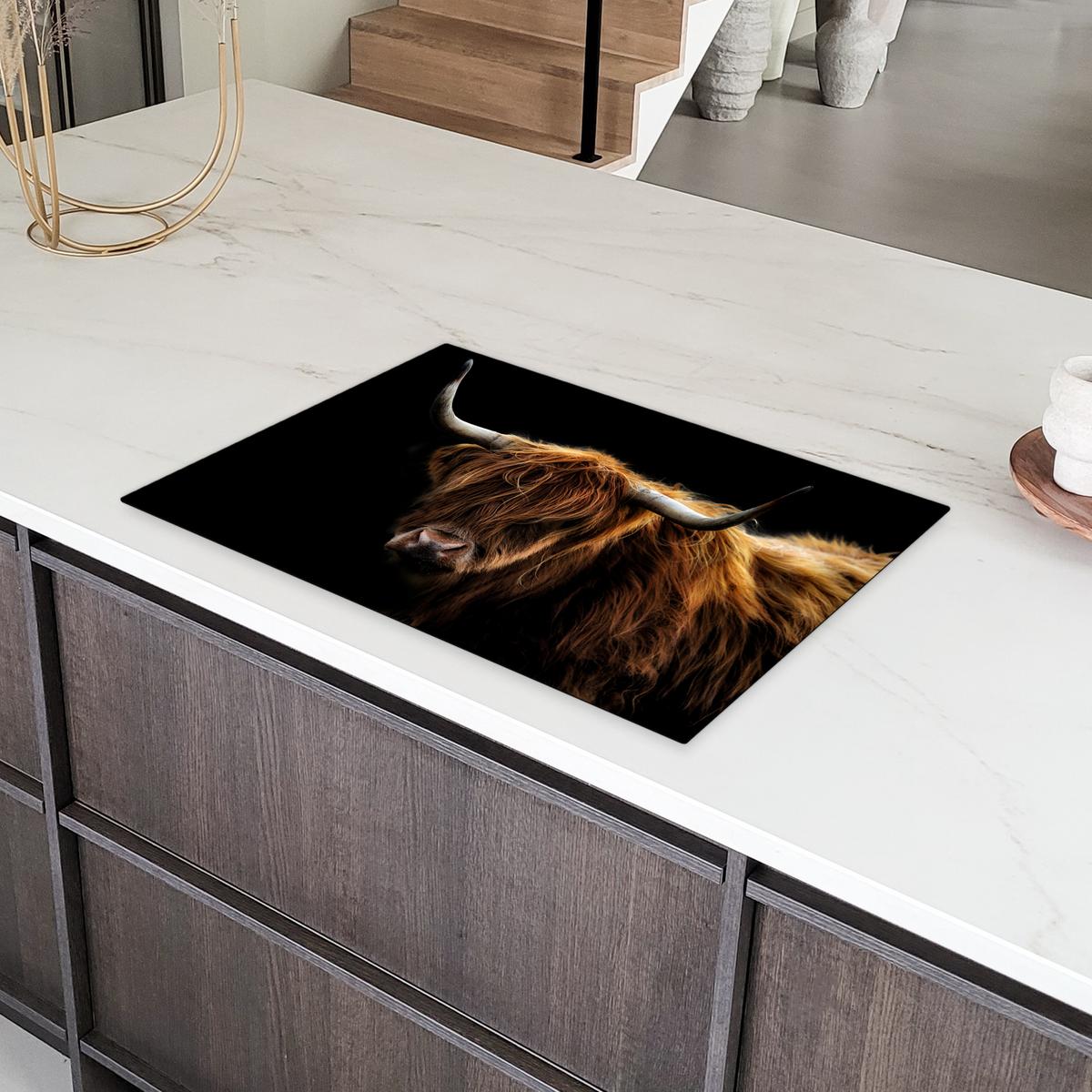 HERDABDECKPLATTE Schottischer Highlander - Hörner - Schwarz - Tiere - Natur - Wild - Kuh Ceranfeldabdeckung 78x52 cm - Cognac, Kunststoff (78/52/0.2cm) - MuchoWow