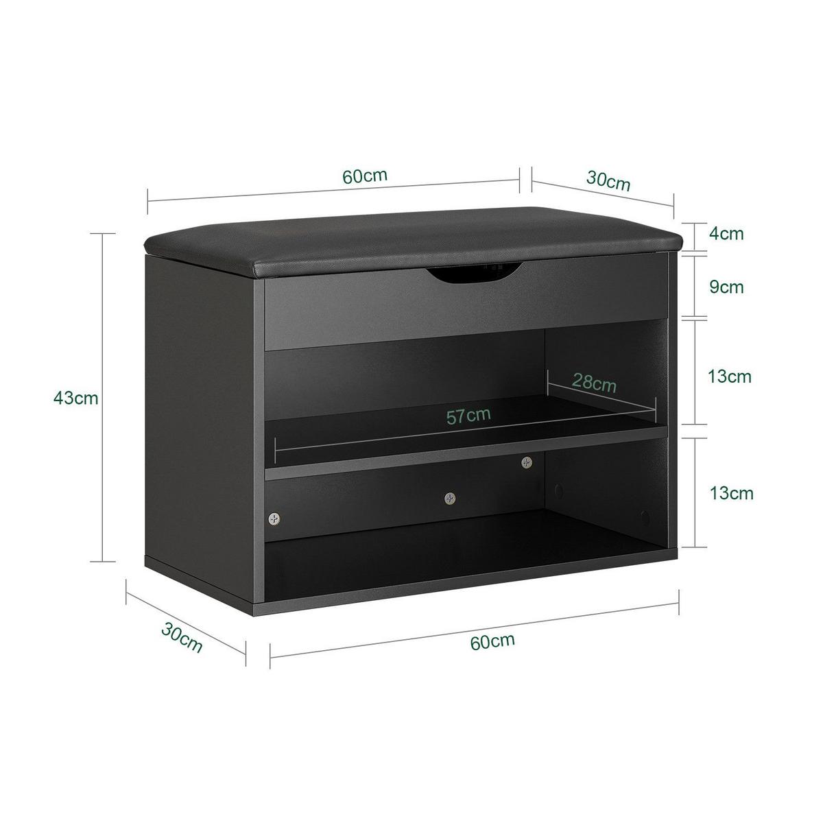 SCHUHBANK mit 2 Ablagen und Sitzkissen Schwarz 60x30x43cm - Schwarz, Holzwerkstoff (30/43/60cm) - SoBuy