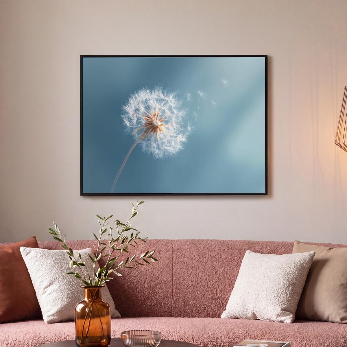 LEINWAND Bilder mit Rahmen - Löwenzahn - Wind - Blau - 80x60 - Blaugrau, Textil (80/60cm) - MuchoWow