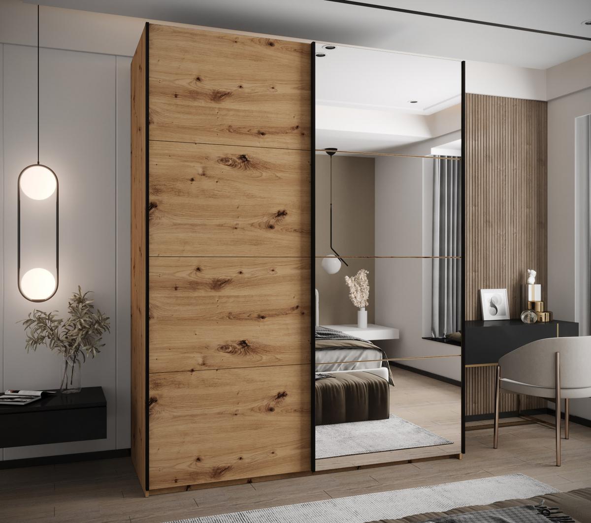 SCHWEBETÜRENSCHRANK 245,5/200/64 2-türig - Schwarz/Eiche Artisan, Holz/Metall (200/245/64cm) - Abiks Möbel
