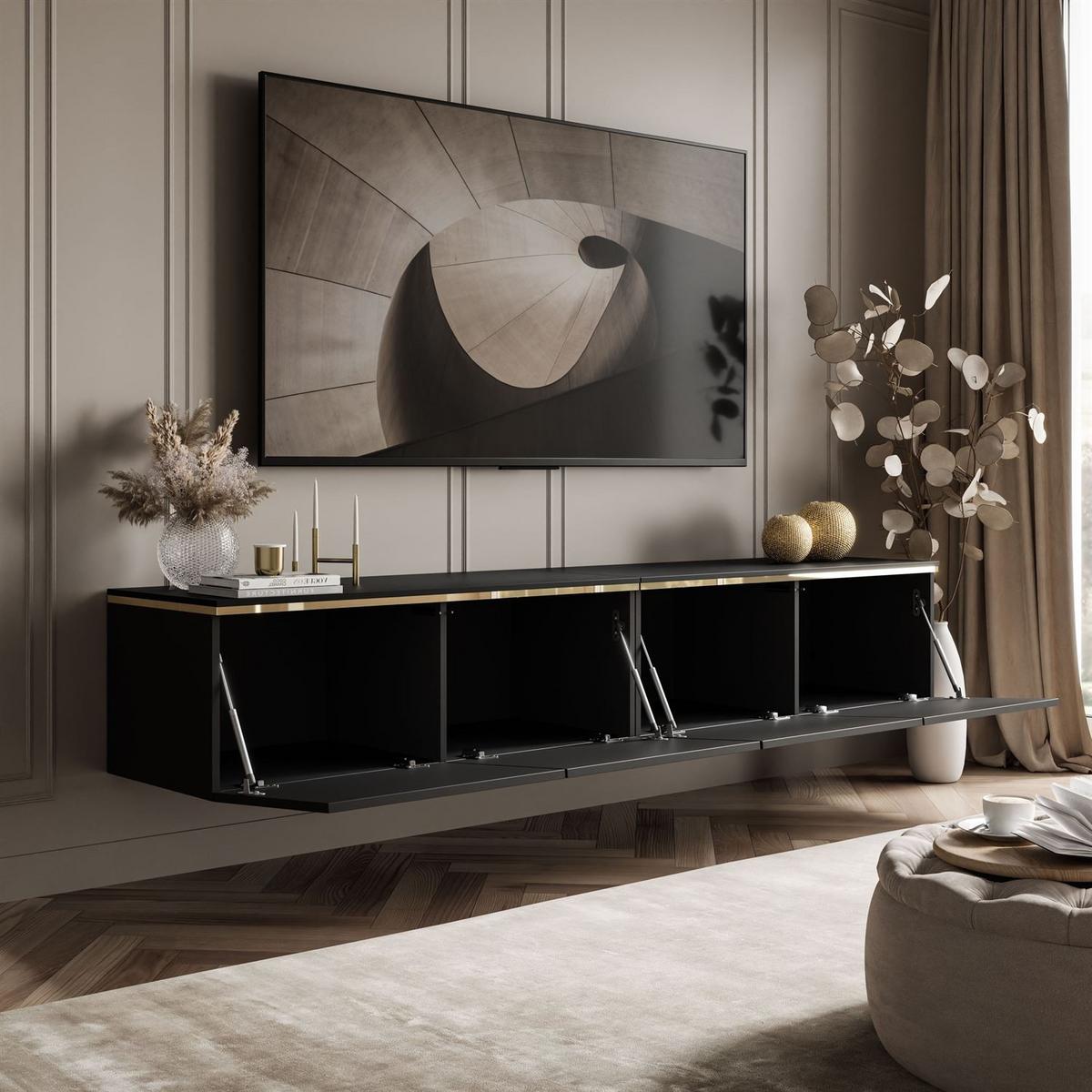 TV-RACK CELINE schwarz matt 200 cm (hängend) mit LED-Beleuchtung - Schwarz, Holzwerkstoff (200/35/40cm) - Lookway